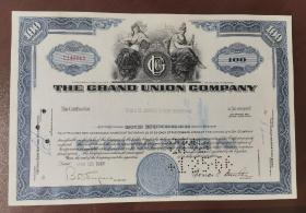 [老股票 美国 antique stock]  1965年 The Grand Union Company 大联合公司股票100股   （会签： 大通曼哈顿银行）   后主营超市百货连锁，前身是成立于1872年的琼斯兄弟茶叶公司， 雕刻版钱币级别精印