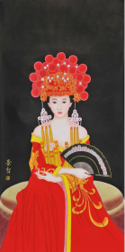 崔景哲字画国画四尺竖幅中国红工笔人物画精品08（自鉴）