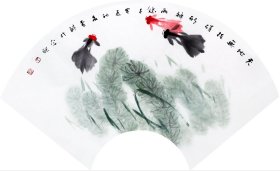 （保真）丁雪郁，69*32扇面两幅 安徽黄山市人，1947年生，[1]中国美协会会员。安徽省书画院专业画家，国家一级美术师。曾多年师从吴作人先生，其作品曾入选第八届全国美展和全国画院双年展·首届中国画作品展及多次国内外专业画展，作品《锦玉满堂》在2003年全国中国画作品展中获优秀奖。《美术》、《美术观察》、《光明日报》、《文汇报》、《美术报》等报刊多