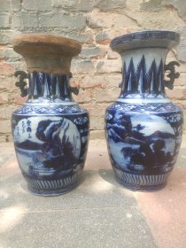 磁州窑(名家石泉）山水青花瓶一对，品相如图保真包老，实价不包邮。直接拍顺丰到付