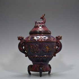 宋钧窑宣和款玫瑰紫釉八宝纹尊 38*22厘米