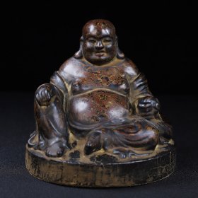 旧藏木胎皮漆坐布袋弥勒佛摆件，长16厘米宽13厘米高15.5厘米