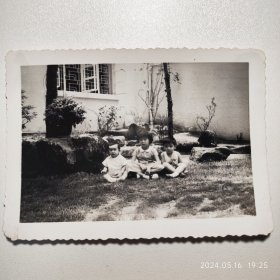 民国晚期 富豪家族在自家后花园里玩耍的儿童老照片一张 银盐老照片 背面有书写文字。 尺幅11.5*8.3cm