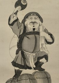大黑天尊 御加护 令家繁昌 日本回流书画轴挂轴 真实纯手绘 朱明之作 纵183Cm横38Cm.绢本绫裱，轴无，上端有渍。 大黑天神立于财箱之上，振臂一挥，打出金银万银。 编号(F311)