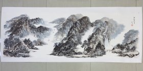 山水画，水墨山水，老师用的檀皮宣纸哦，非常好的纸张，写意画法，皴法点染，纯手绘，假一赔万，正面一幅画，背面一幅画，都是本人精心收藏的，安徽省宿州市美协席大云老师的原创大作，实际画的比照片拍出来要漂亮的多，笔法苍劲有力，浓淡干湿焦，行云流水。1.8米×62公分的，小六尺的，家里客厅，卧室，书房，茶室，办公室都可悬挂，非常大气，真的特别好看，宣纸软片已经托底了，回家可以直接装框了。