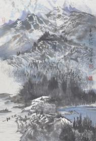 保真书画，当代优秀画家，何俊《溪山渔隐图》山水画68X46cm。
何俊，现为中国美术家协会会员、湖社湖南画会成员、天津政协书画研究会理事、湖南水彩画会会员、湖南书法家协会会员、湖南青年美协理事、湖南工笔画学会理事。