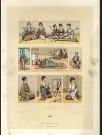 法国1878年大幅石印版画日本女子 艺伎