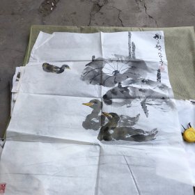 均戍手绘荷花斗方（李均戍，开封老画家）