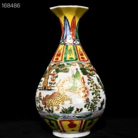 元博陵第款五彩描金鬼谷子下山图八方玉壶春瓶，高45cm直径27cm