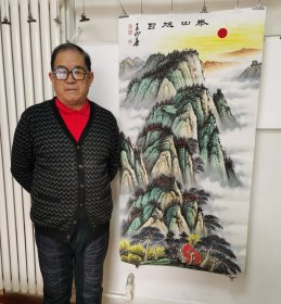 泰山旭日R8572A竖幅手绘名家山水画，有山有云无水中堂青绿泰山国画