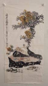 吴桐，《品茶图》当代画家，江苏画院高级画师，北京燕山书画院专业画家，艺术馆研究员。该作品为零八年创作。品相自然旧如图，尺寸为68x34