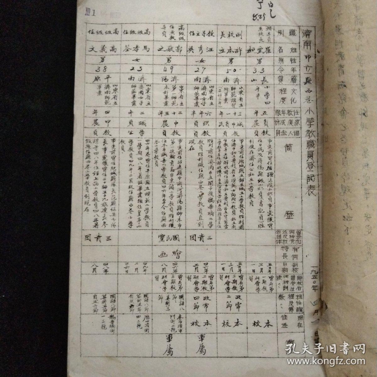 济南教育文献·1950年济南市人民政府教育局 编制·济南市第一区公、私立小学教职员登记表·毛笔手写原件·内含:县西巷、县学街、皇亭、阁子后、惠工、恤养院、天光小学·共计七所小学12页！
