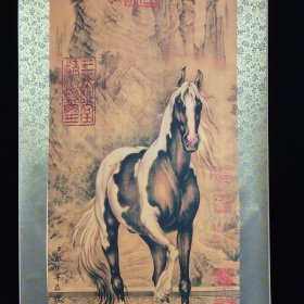 火漆回流字画《郎世宁骏马图》带蓝光证书画客厅挂墙168/65cm老物件