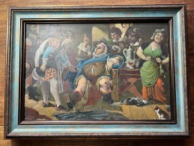 【铁牍精舍】【老油画】【框16】1900年左右德国佚名木板油画《酒馆》，后配画框，画芯40x26.5cm