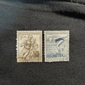 A526捷克斯洛伐克邮票1954年体育运动 跑步和徽章 游泳准备动作 销 2枚 缺3-2