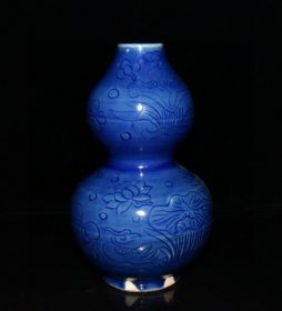 乡下收的元代霁蓝釉雕刻鸳鸯戏水葫芦瓶【20.3x12cm】