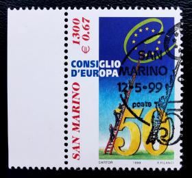 圣马力诺1999年邮票 欧洲会议50周年 1全 上品盖销左边纸