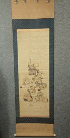  玉亩的七福之神 日本回流茶挂书画轴挂轴 真实手绘品，玉亩的画 纵178Cm横53Cm. 绢本纸裱，骨轴全。 (HF293)