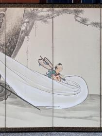 【布袋图通景六曲屏风】
名称:老字画【通景六曲屏風】老作品，
画家:米年
材质:纸本绫裱木框
规格:173*383（整体尺寸）
品相:如图 老旧，黄斑，破损缺肉，虫蛀，请细看图片在出价。
【不刀价格谢谢配合，喜欢直接拍】