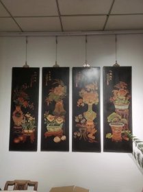 清代~光绪年份款博古花卉四条屏。
楠木，画面为漆器手工绘画，画面生动震撼，立体感超强。  可书房  茶室  雅舍  别墅装饰雅置。复古与现代的完美结合，造就美物空间，感受优雅。
尺寸:120  宽40厘米