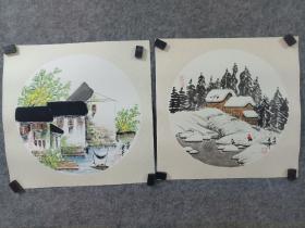 淄博市美协会员朱庆平老师卡纸山水，两幅合售
