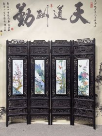 刘雨笒作品红木镶瓷板画粉彩花鸟四折落地屏风