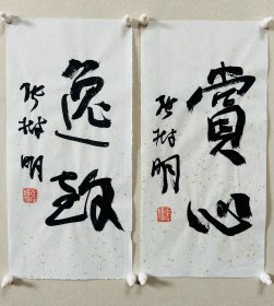y 张树明，中国书法家协会会员，四川省书协五届理事。荣获第五届全国书法篆刻展＂全国奖＂。生于1954年。 入选全国第四届中青年书法作品展，全国第五届书法作品展，全国第六届书法作品展，全国第八届书法作品展，首届国际著名书法家作品展。 被授予：1999年度中国百名杰出书法家称号……《赏心、逸致》小品一幅。保真，来自作者。17x34cm x 2，宣纸，未裱，d7538。 附：老师同批作品合影