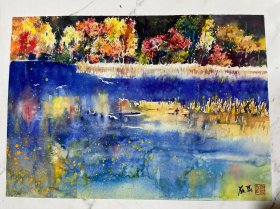 保真保手绘。水彩一张，品相如图。画心尺寸（52*37）cm，货号：L443