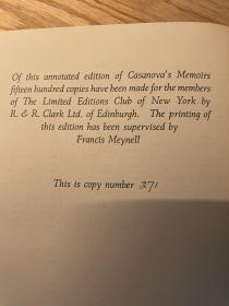 全本《卡萨诺瓦回忆录》 the memoirs of jacques casanova -Fully Annotated For the First Time in English 《卡萨诺瓦回忆录》  limited editions club  限量1500套之第271套 布面精装 全8卷 著名性心理学家蔼里斯作序