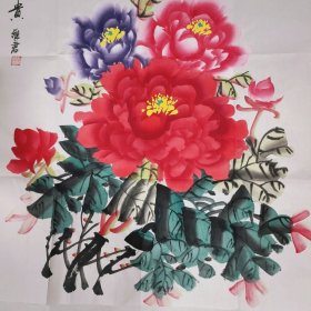 牡丹花手绘国画富贵吉祥花开富贵牡丹花红色牡丹紫色牡丹70x70