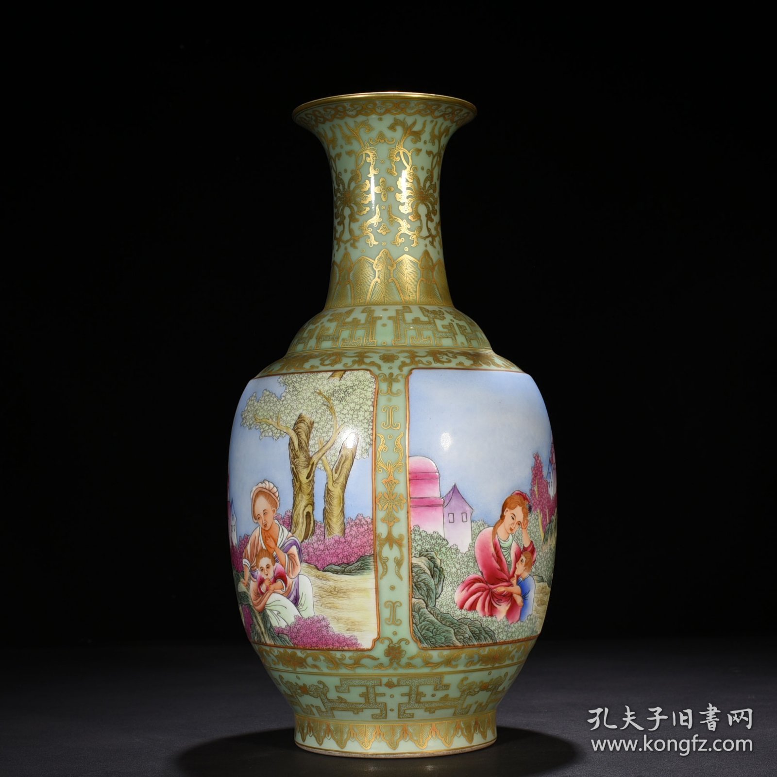 旧藏 清乾隆粉青釉珐琅彩描金西洋人物纹瓶 45*23厘米