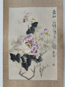 保真书画，海派画家，陈志宏牡丹国画67*45cm。原装裱立轴，右下少一轴头。