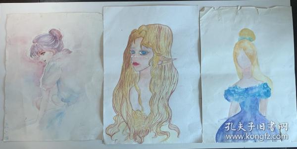 3幅水彩画合拍，3位美少女，美女图，具体见图。