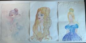 3幅水彩画合拍，3位美少女，美女图，具体见图。