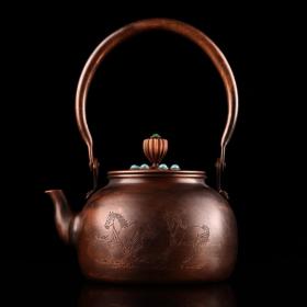 纯铜全铜茶壶 珍藏老纯紫铜纯手工打造镶嵌宝石茶壶一把
