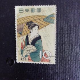 日本邮票:1958年集邮周浮世绘雨中浴妇信销邮票1枚收藏保真（绘画题材）