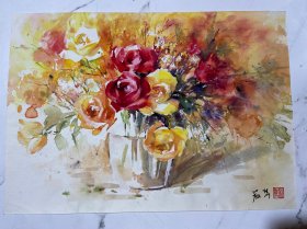 保真保手绘。水彩一张，品相如图。画心尺寸（52*37）cm，货号：L445