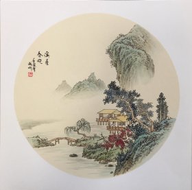 【溪屋春晓图】 河北陶瓷艺术大师石老师精品卡纸仿古山水