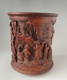 竹雕笔筒《祝寿图》