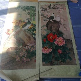 花鸟屏（鸽伴牡丹，银雉恋菊）建国之初名家作品。包老保真。