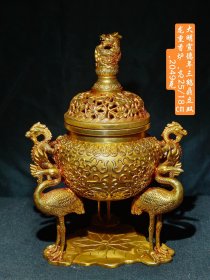 铜鎏金熏香炉，三鹤鼎立，双龙，包浆醇厚自然完美