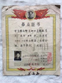 1960年上海市淮海中学毕业证书，带学生照片，尺寸：23*19厘米，品如图，80包邮。
