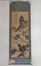 清末民初左右，日本老画，画心137*52cm，裱工尺寸188*65cm，石村《清风雨后入庭园……》，原装裱立轴，年代久远，自然黄斑自然老旧。
