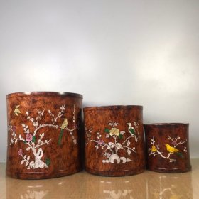 清代黄花梨木镶贝壳成套笔筒一套