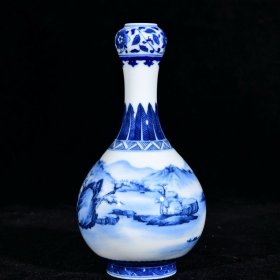 大清雍正年制青花山水纹元明堂款蒜头瓶 高16.3径8厘米2