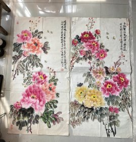 著名女画家王绣，水墨手绘花卉2副，品相较差，有破损，两件合售，每件尺寸100x50厘米