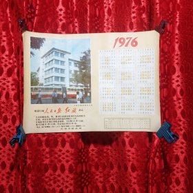 年历画:1976年年历画，天津大楼照片，天津邮政局发行科，欢迎订阅人民日报红旗杂志。