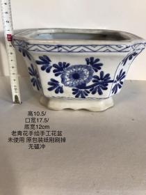 10.5/17.5/12cm建国初567青花手绘手工四方抽角老瓷花盆中号盆如新未使用