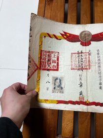 1955年，华东纺织职工子弟学校毕业证一张，折叠发货