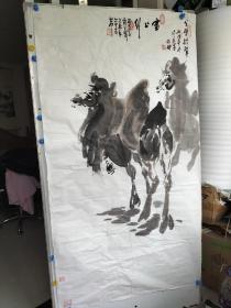 四川书画家  周仁辉题跋 张静 画 水墨手绘 骆驼一副 尺幅巨大 尺寸180x97
